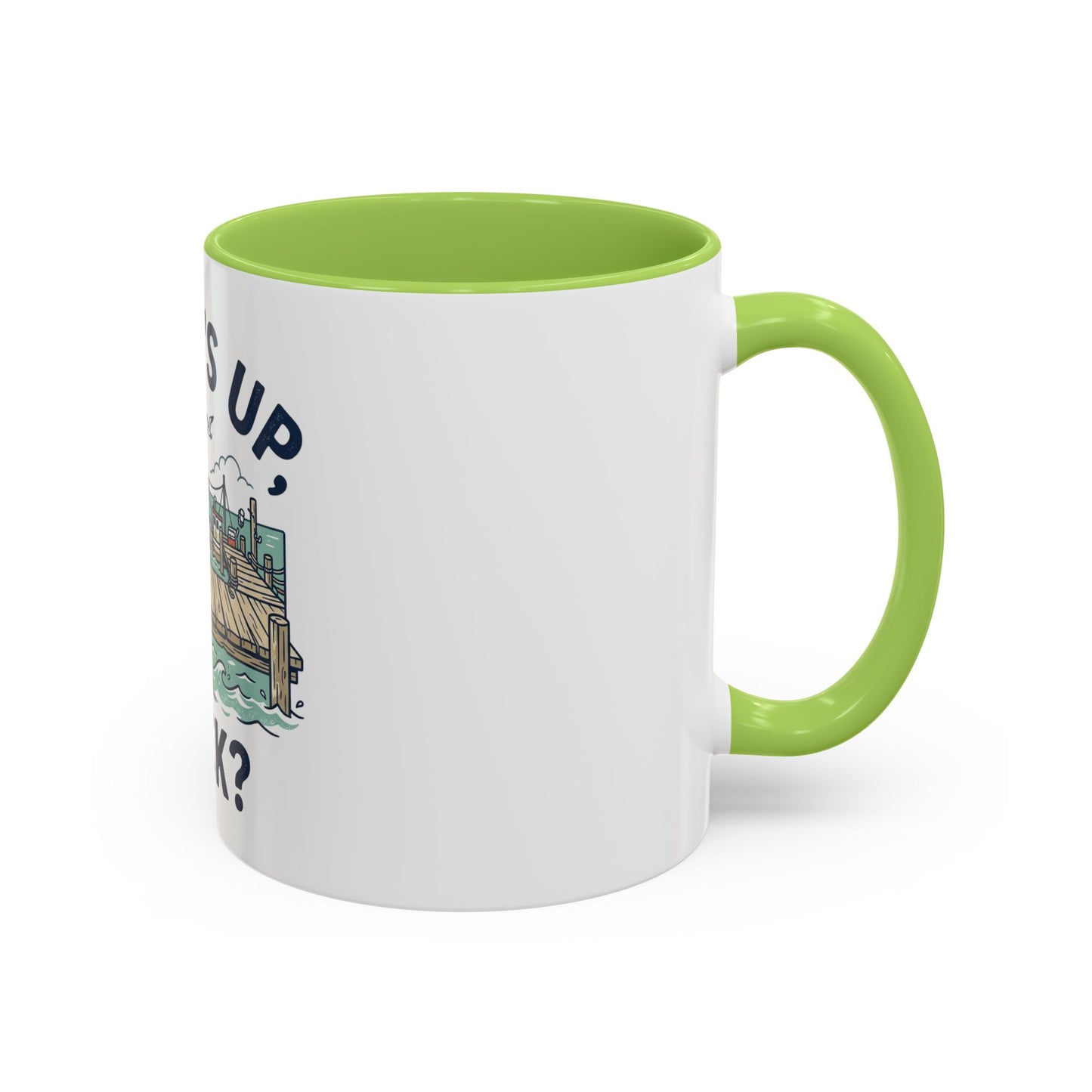 "What's Up, Dock?" Nautical Coffee Mug — Harbor Pier Boat Illustration (11/15 oz)
