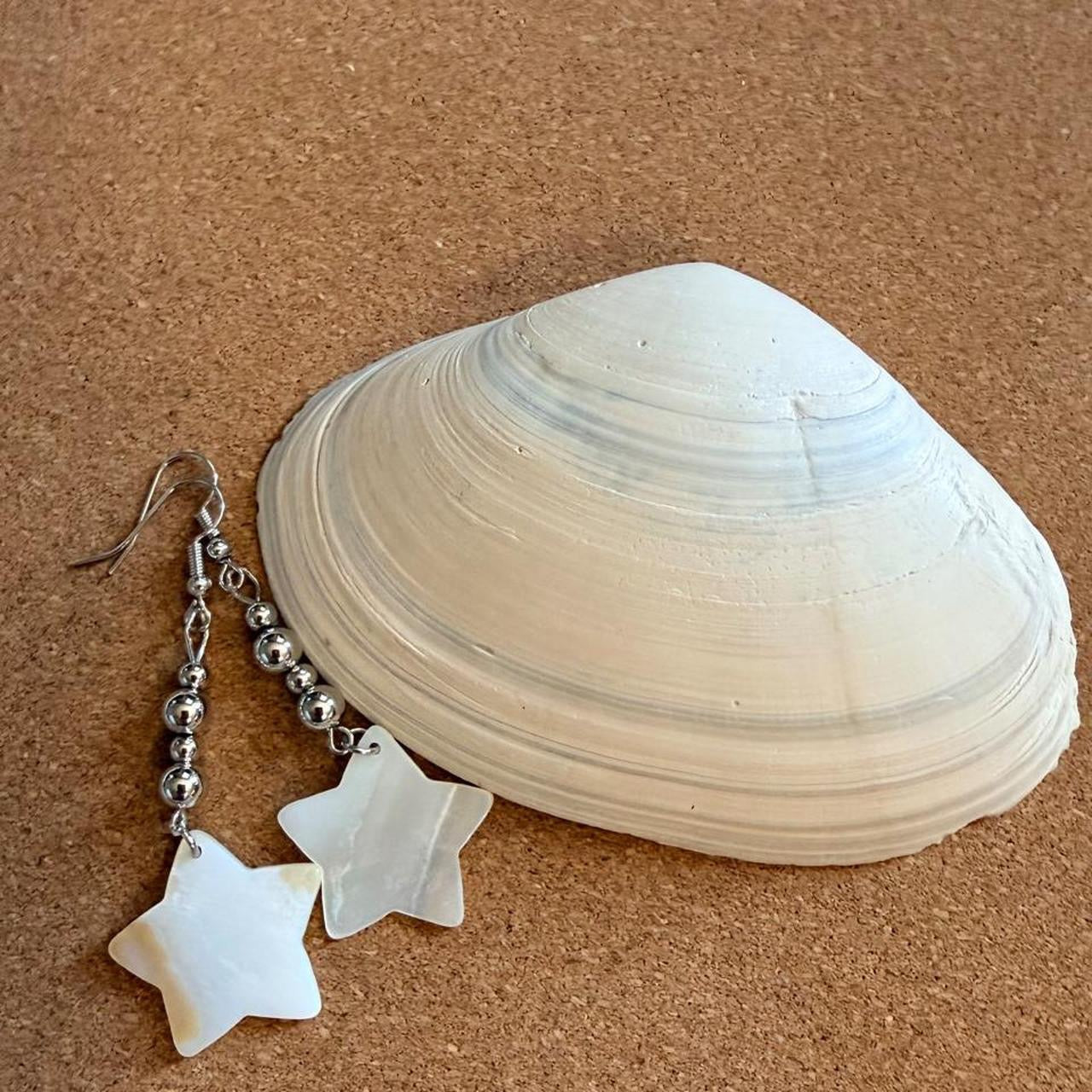 Handcrafted Mother of Pearl Style Star & Gunmetal Beaded Dangle Earrings