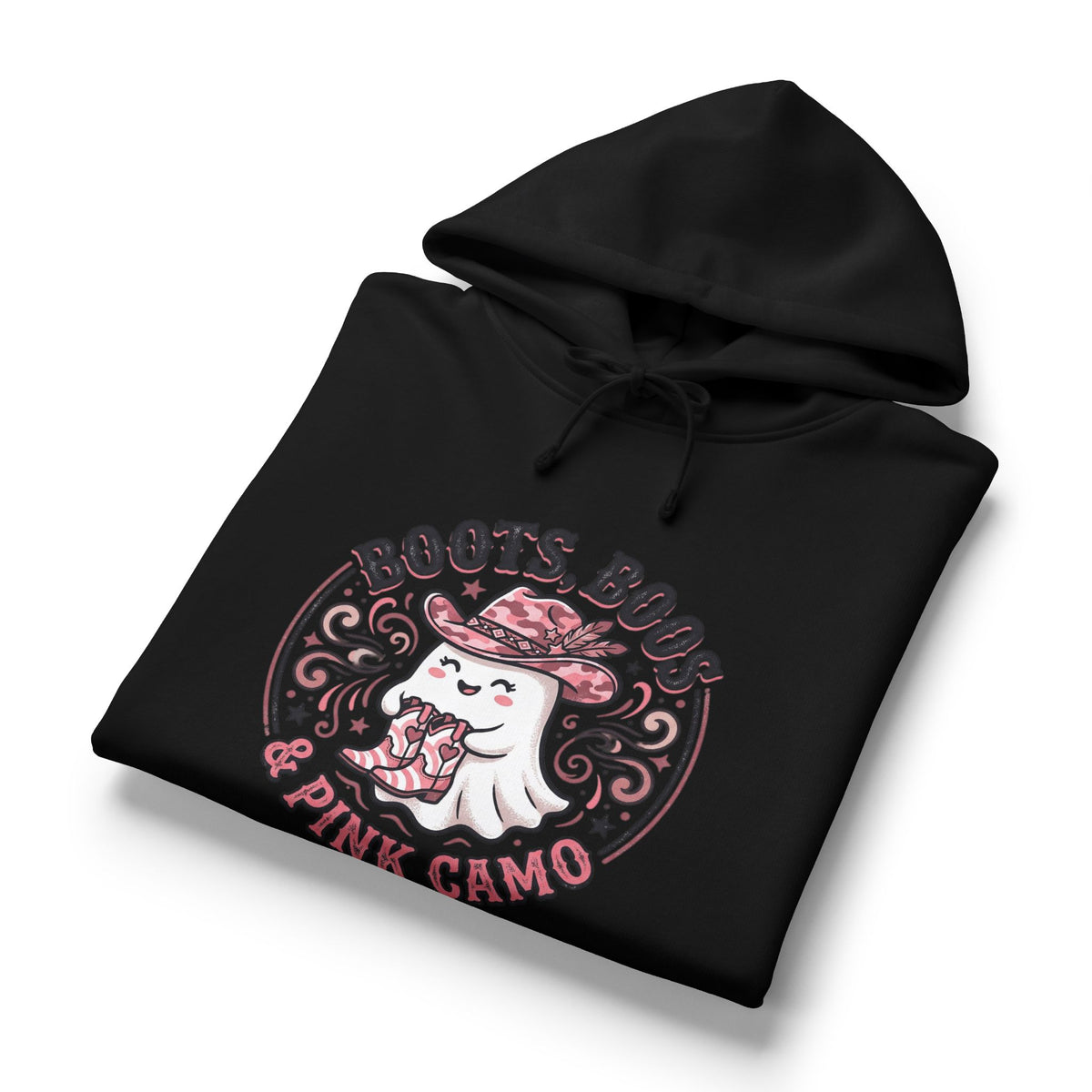 Women's 'Boots, Boos & Pink Camo' Hoodie — Cute Cowgirl Halloween Sweatshirt