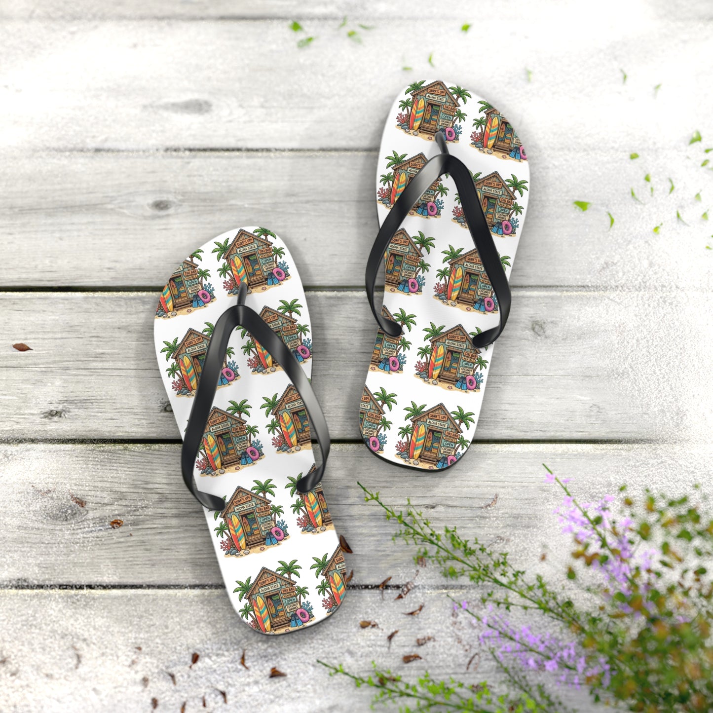 Tropical Beach Hut Flip Flops — Colorful Surfboard & Palm Pattern Summer Sandals