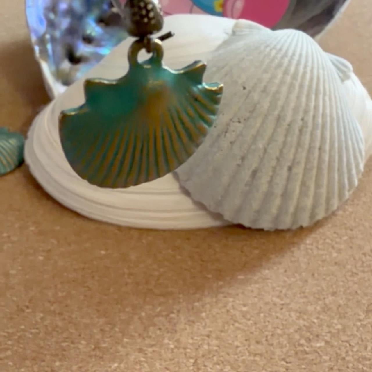 Handcrafted Verdigris Patina Seashell & Turquoise Beaded Hoop Dangle Earrings