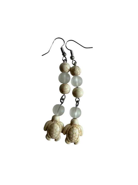 Handmade White Carved Sea Turtle Drop Earrings with Frosted Beads