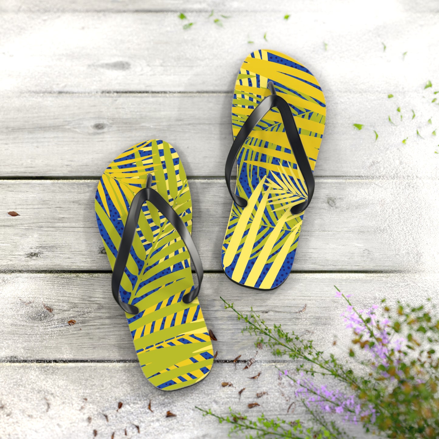 Tropical Palm Print Flip Flops — Yellow & Blue Beach Sandals