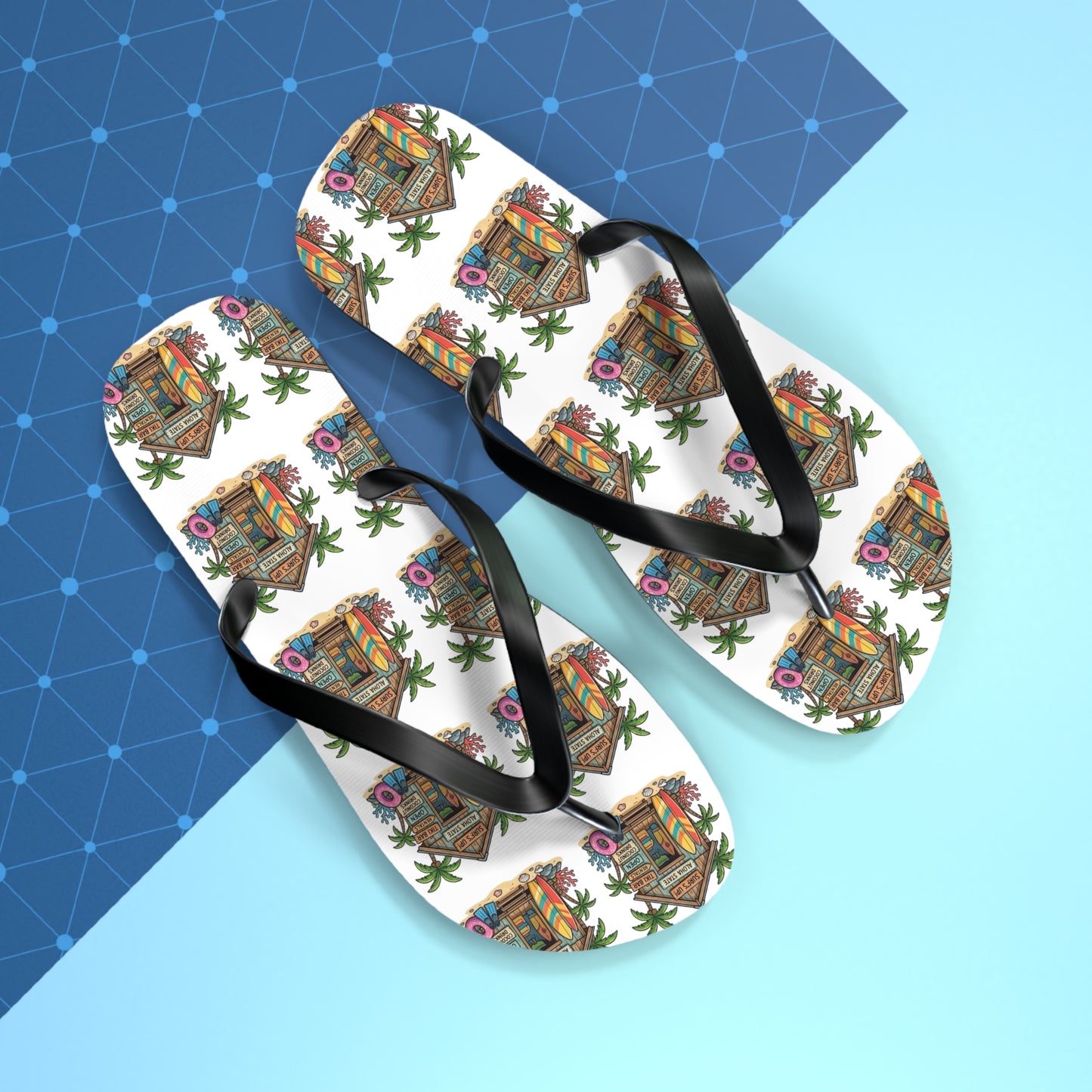 Tropical Beach Hut Flip Flops — Colorful Surfboard & Palm Pattern Summer Sandals