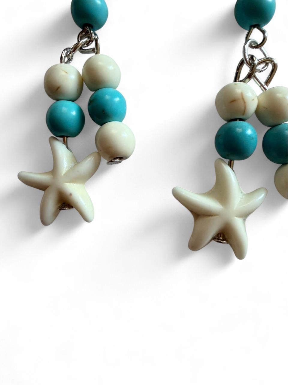 Handcrafted Turquoise & Cream Marbled Beaded Starfish Chandelier Dangle Earrings
