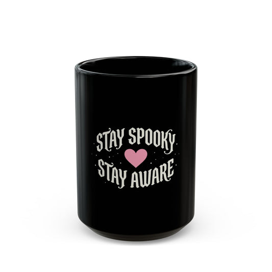 Stay Spooky Stay Aware Black Mug – Halloween Heart Coffee Cup