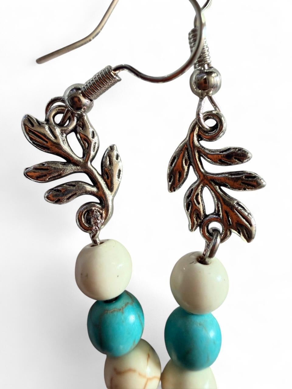 Turquoise & Ivory Leaf Branch Earrings | Boho Beaded Dangle Earrings