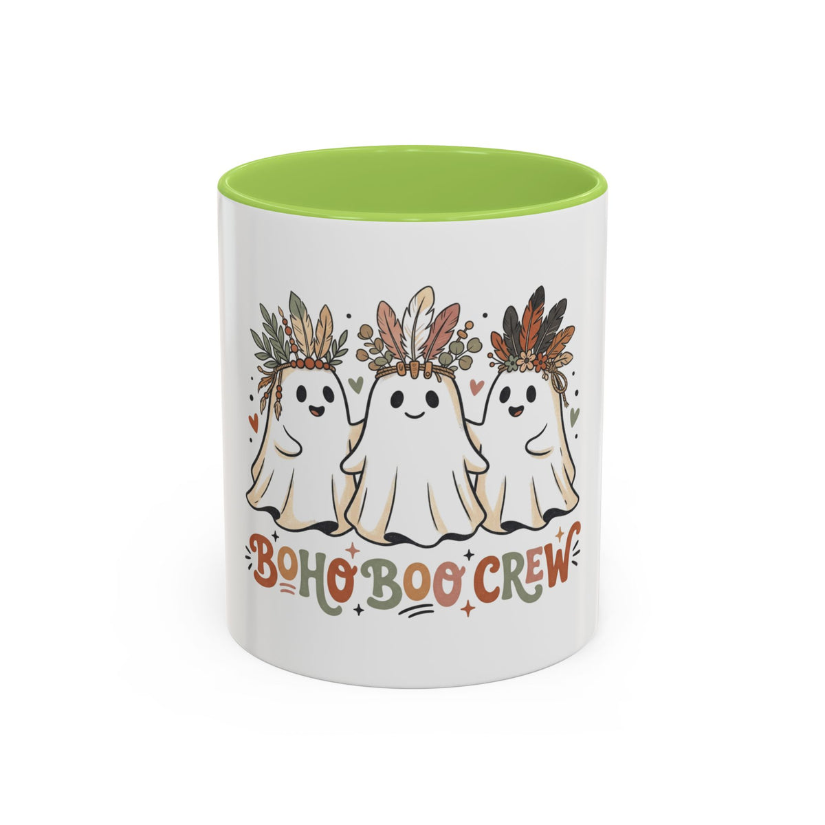 Boho Boo Crew Coffee Mug — Cute Halloween Ghosts with Feather Crowns (11/15oz)