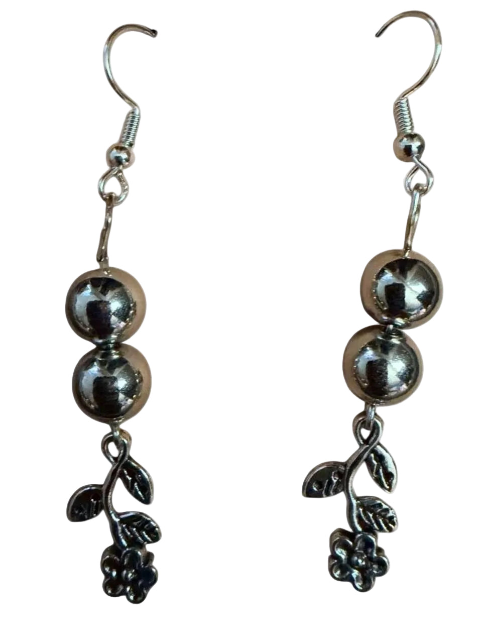 Handmade Silver Bead & Flower Drop Earrings | Bead Dangle with Botanical Charm