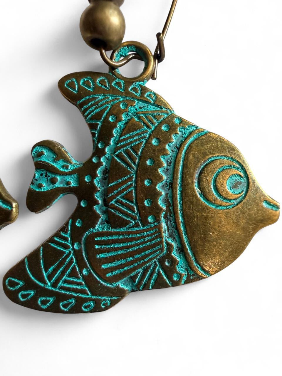 Handcrafted Verdigris Patina Tribal Fish Hoop Dangle Earrings