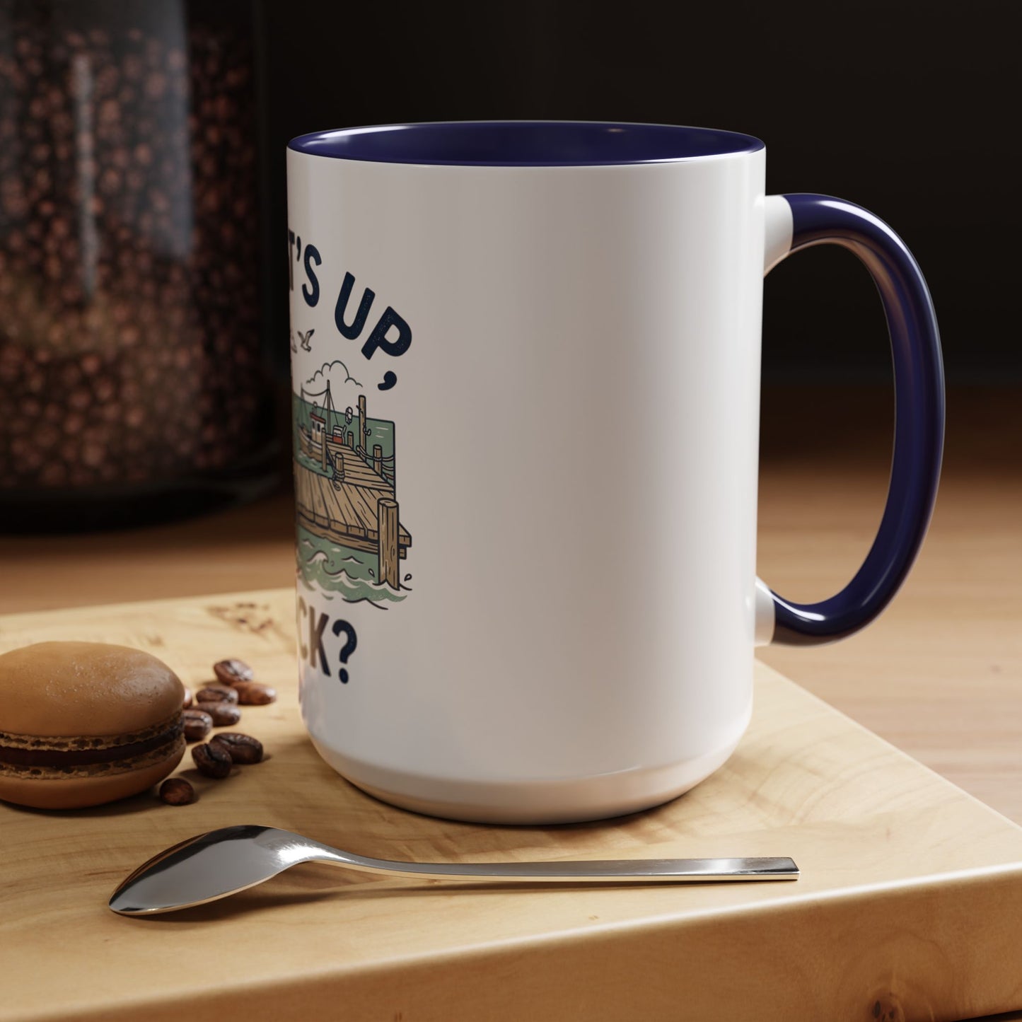 "What's Up, Dock?" Nautical Coffee Mug — Harbor Pier Boat Illustration (11/15 oz)