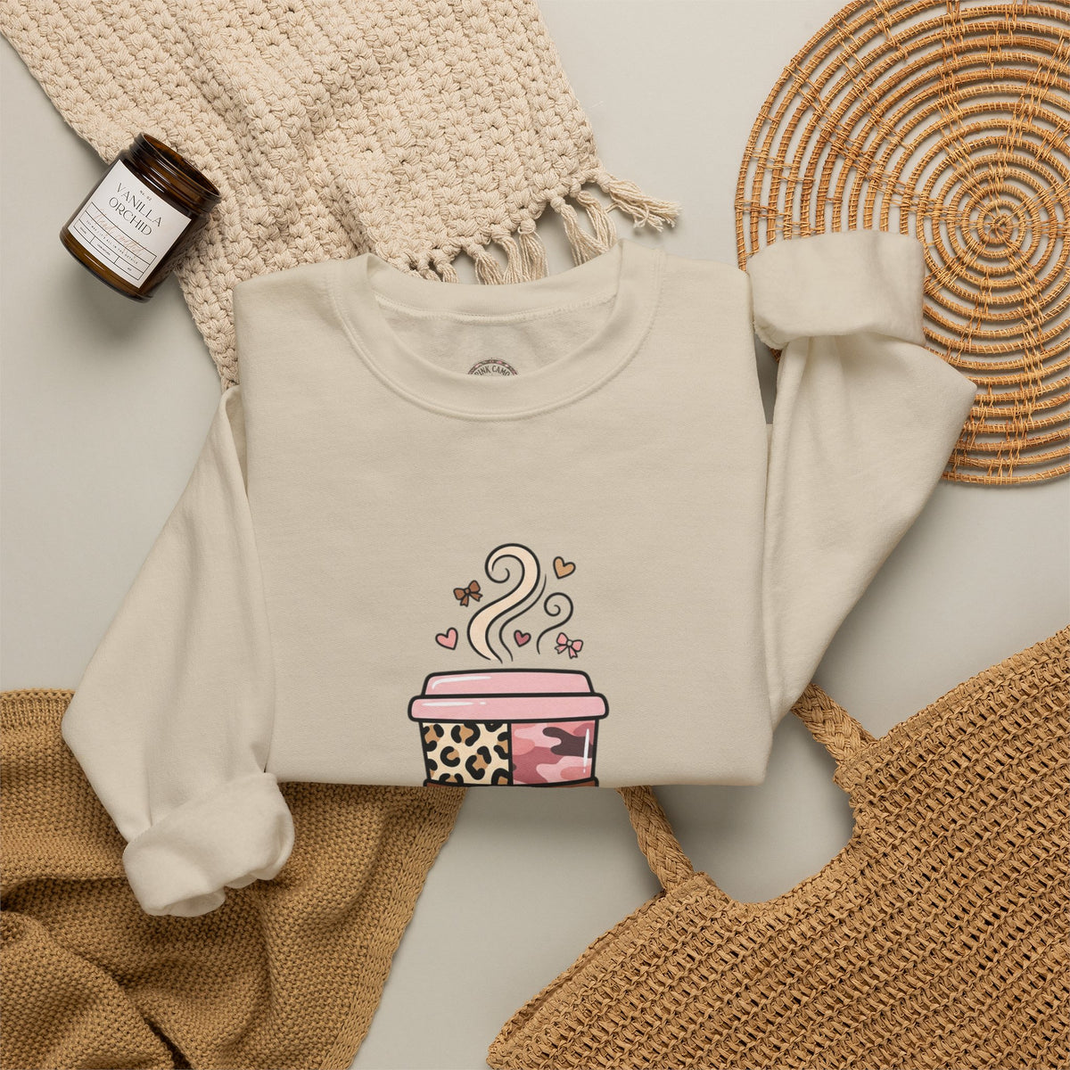 Coffee Lover Sweatshirt — Pink Leopard Coffee Cup Graphic Crewneck