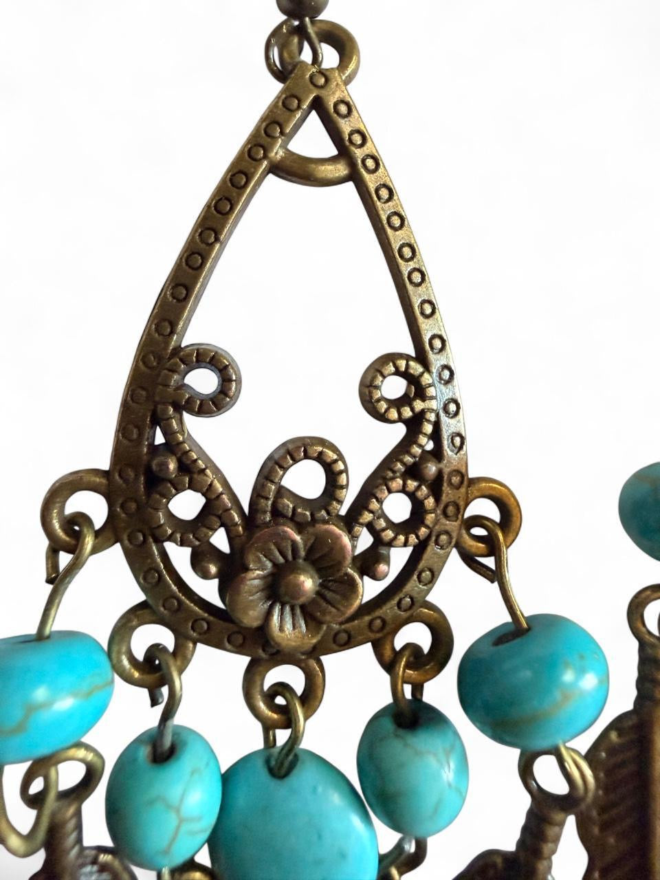 Dreamcatcher Feather Earrings - Turquoise & Antique Bronze - Handmade Boho Statement