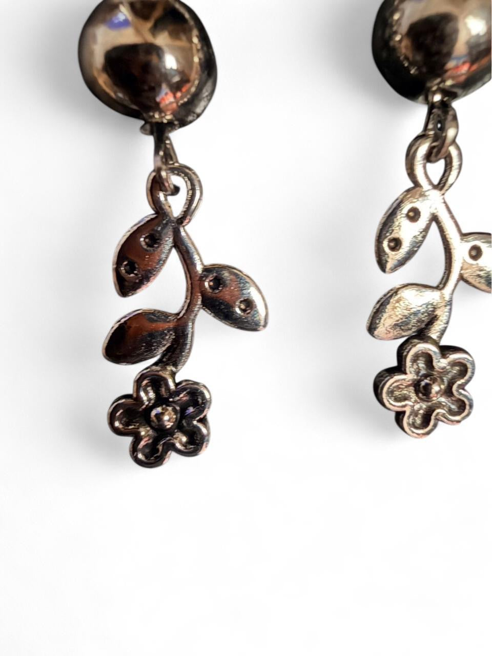 Handmade Silver Bead & Flower Drop Earrings | Bead Dangle with Botanical Charm