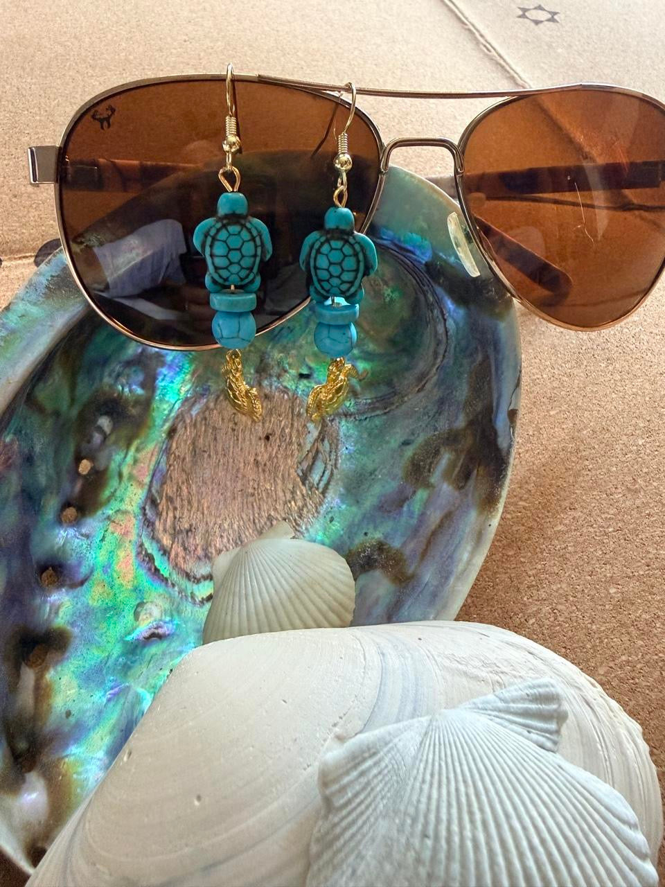 Handcrafted Turquoise Beaded Sea Turtle & Gold Turtle Dangle Earrings