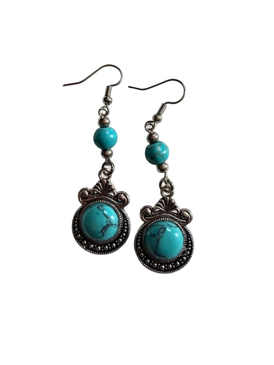 Boho Turquoise Dangle Earrings | Ornate Silver Frame Western Style