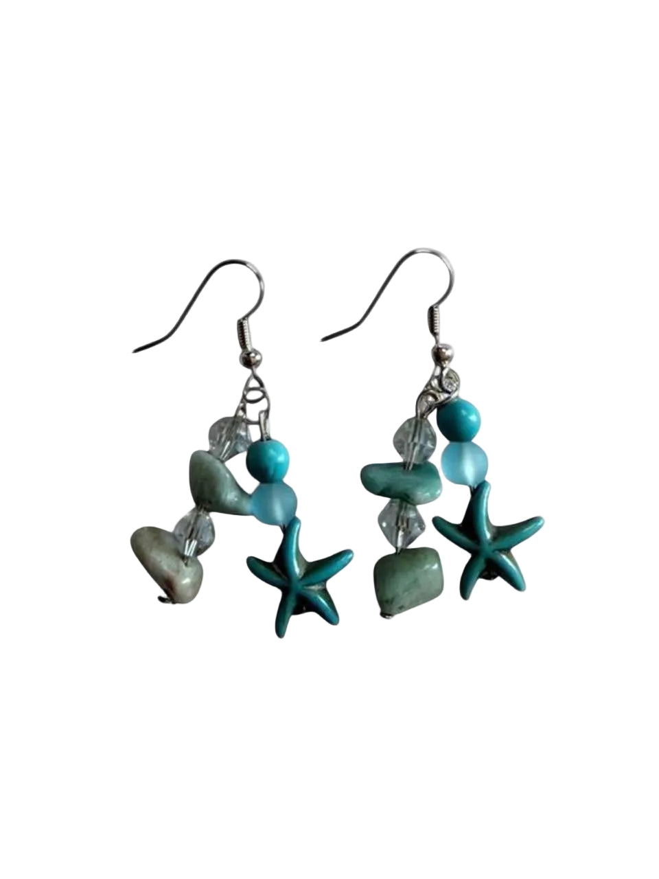 Handcrafted Turquoise Starfish & Natural Sea Stone Chandelier Dangle Earrings