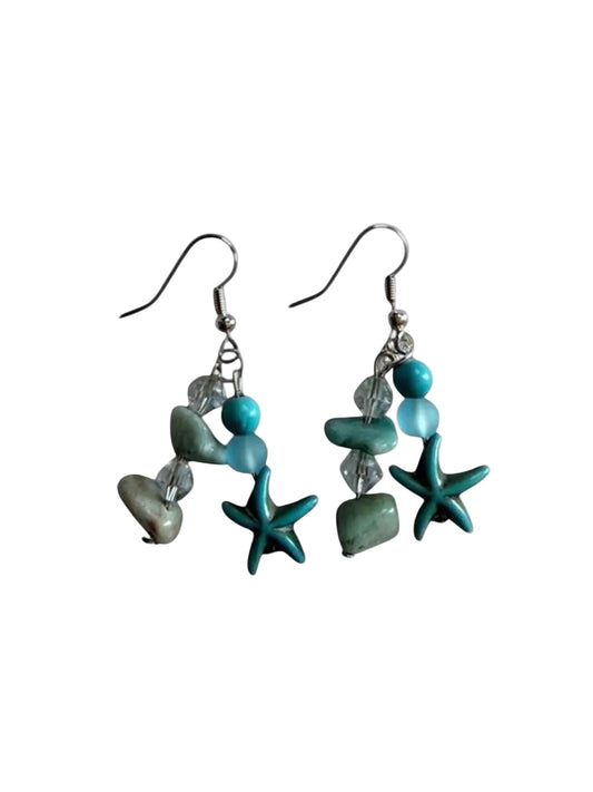 Handcrafted Turquoise Starfish & Natural Sea Stone Chandelier Dangle Earrings