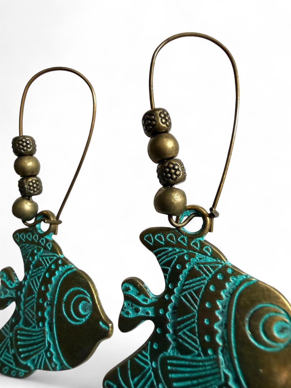 Handcrafted Verdigris Patina Tribal Fish Hoop Dangle Earrings