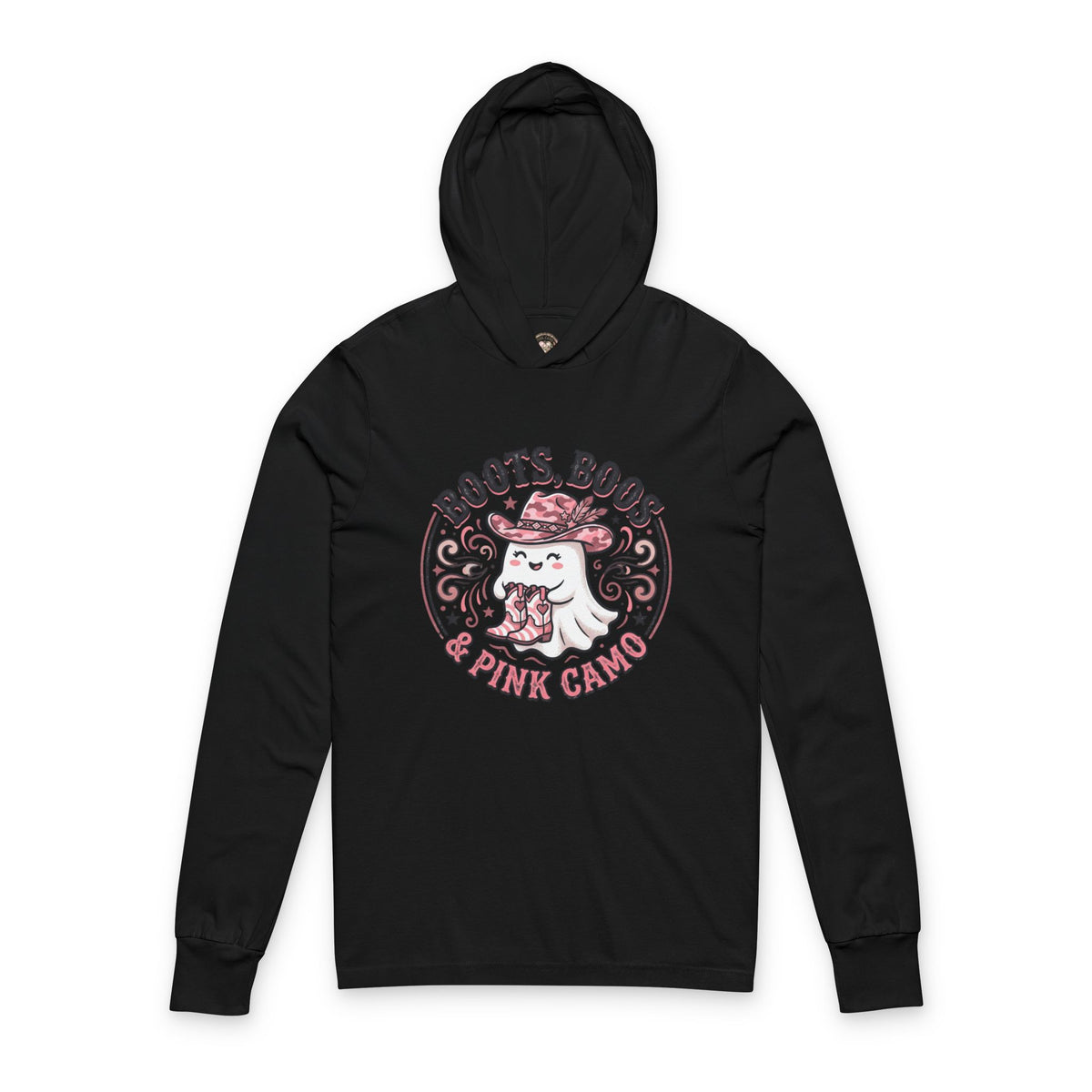 Boots, Boos & Pink Camo Hooded Tee — Cute Ghost Graphic Long-Sleeve Hoodie Shirt