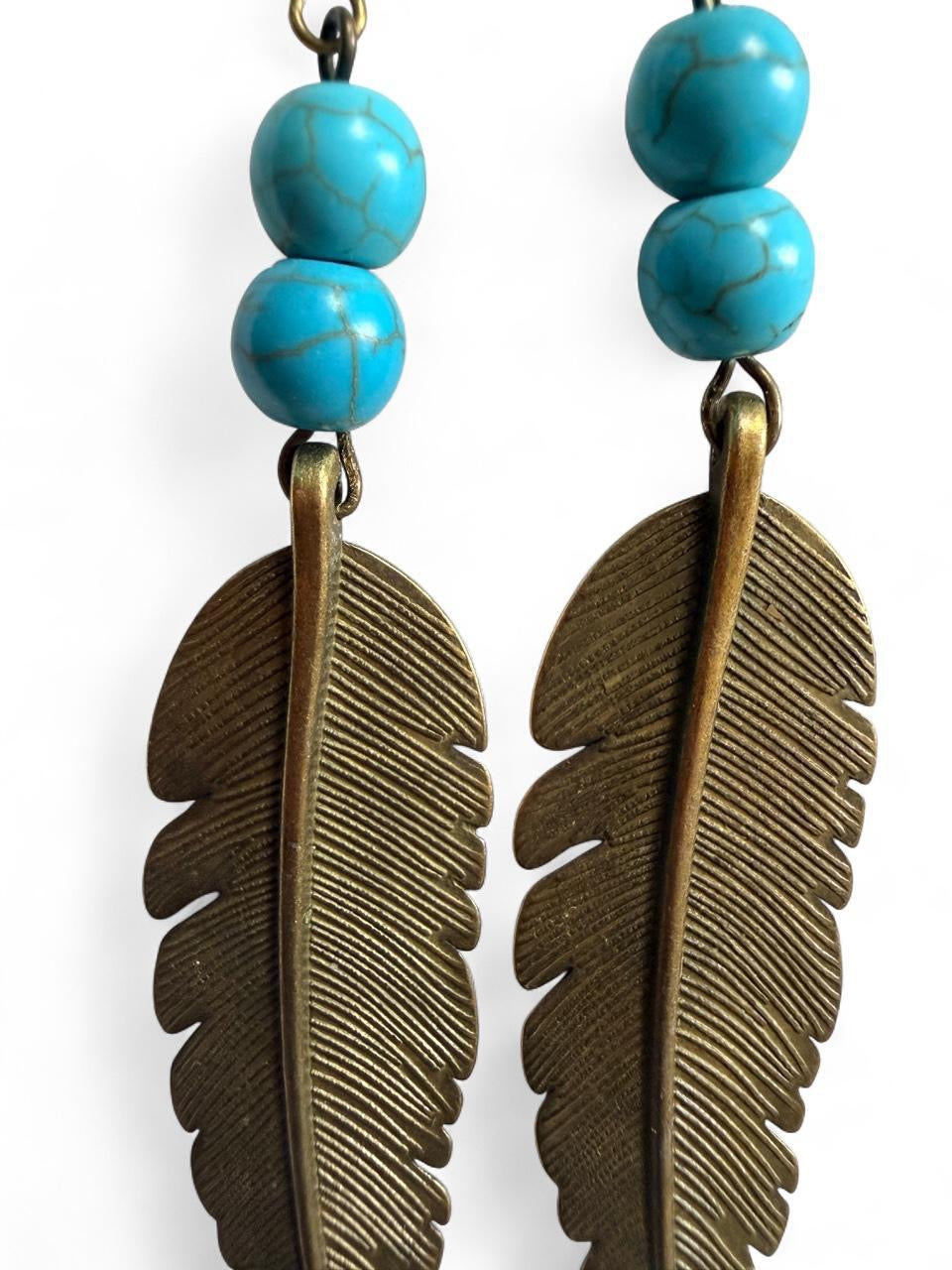 Handmade Turquoise Bead & Large Feather Dangle Earrings