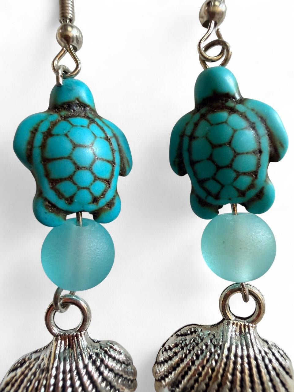 Handcrafted Turquoise Sea Turtle & Seashell Dangle Earrings
