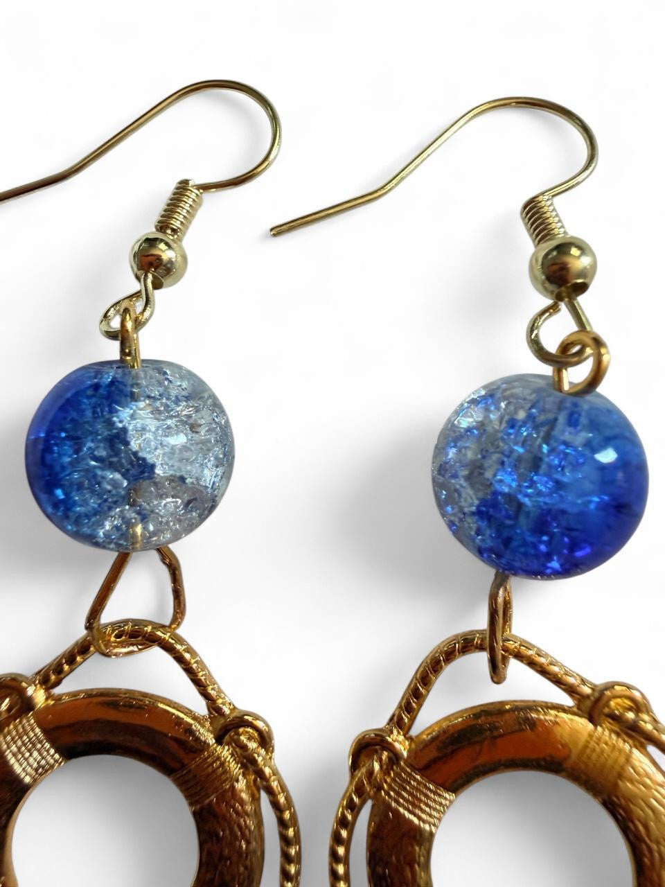 End of Summer Americana Gold Life Ring Earrings - Blue Crackle Nautical Dangle