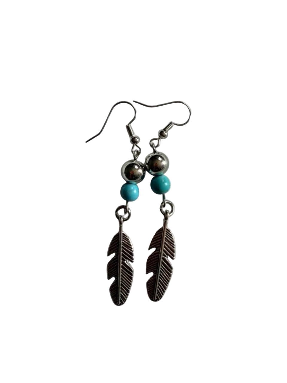 Silver Feather Turquoise Dangle Earrings - Boho Western - Handmade