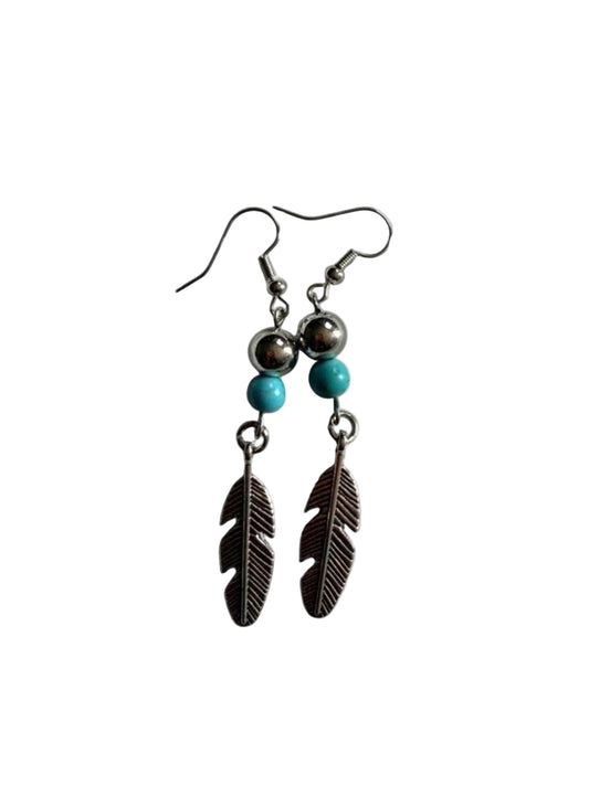 Silver Feather Turquoise Dangle Earrings - Boho Western - Handmade
