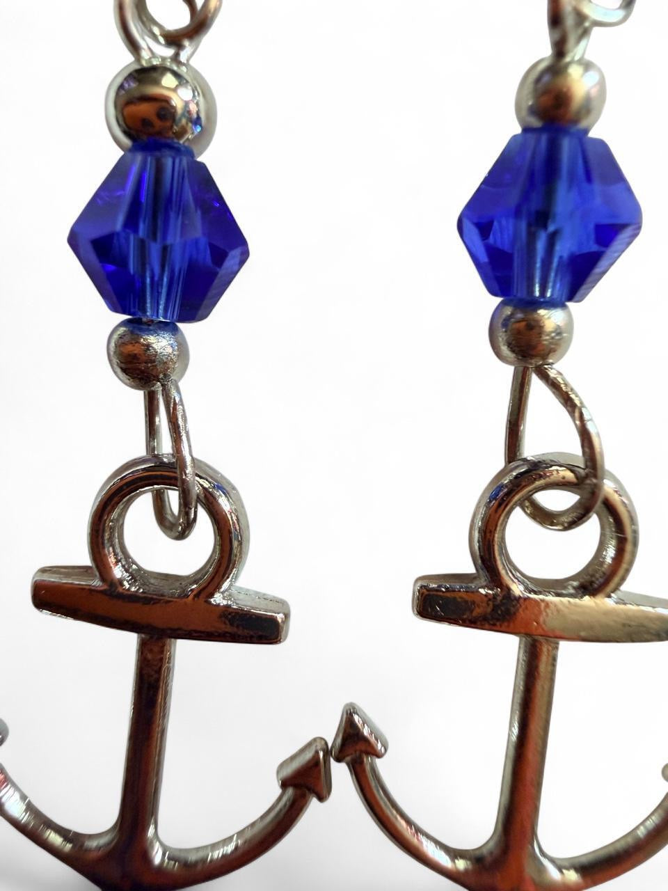 End of Summer Americana Silver Anchor Earrings - Royal Blue Nautical Dangle