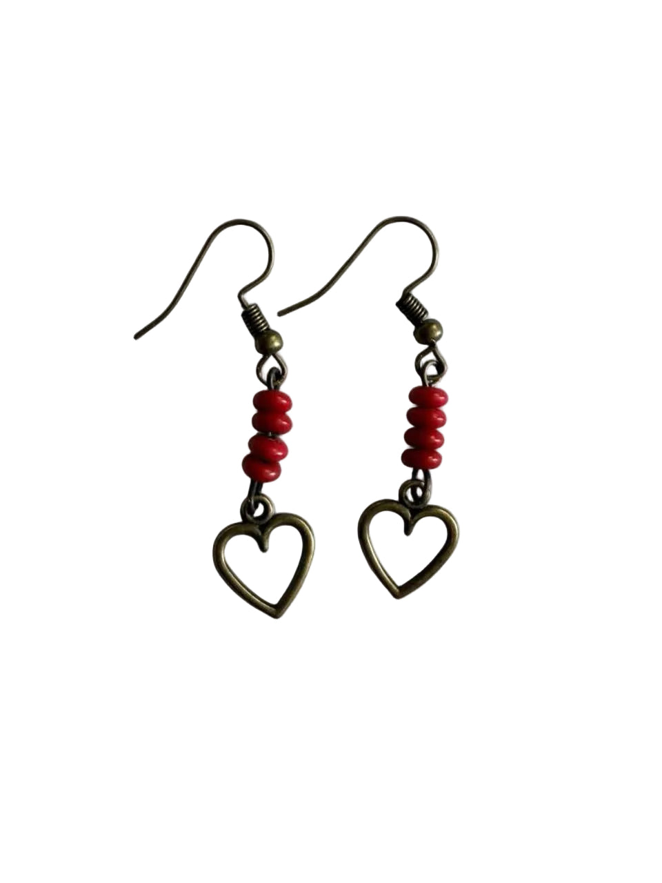 Handmade Red Heart Drop Earrings – Bronze & Coral Beads