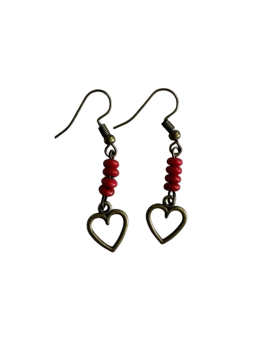 Handmade Red Heart Drop Earrings – Bronze & Coral Beads