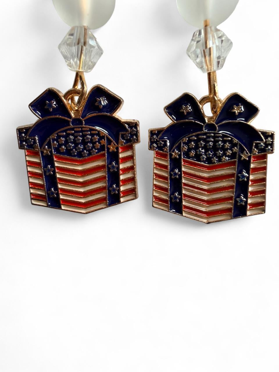 Handmade Patriotic American Flag Present Dangle Earrings | Holiday Gift Box Stacked Crystal Drops