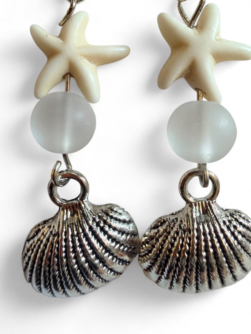 Handcrafted White Starfish & Seashell Dangle Earrings