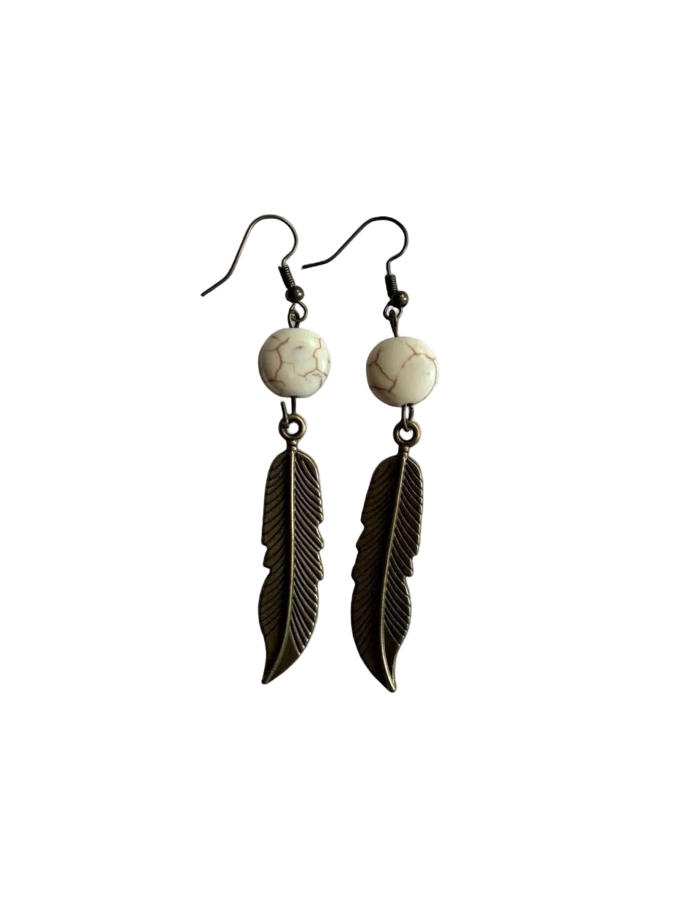Handmade Boho Bronze Feather & White Howlite Stone Dangle Earrings
