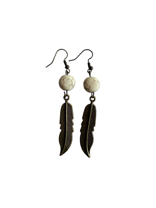 Handmade Boho Bronze Feather & White Howlite Stone Dangle Earrings