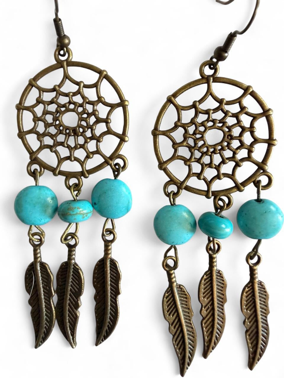 Handmade Bronze Dreamcatcher Earrings | Turquoise Feather Dangle | Boho Western
