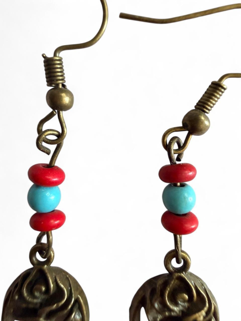 Handmade Bronze Rose Dangle Earrings | Turquoise Red Bead | Boho Southwest