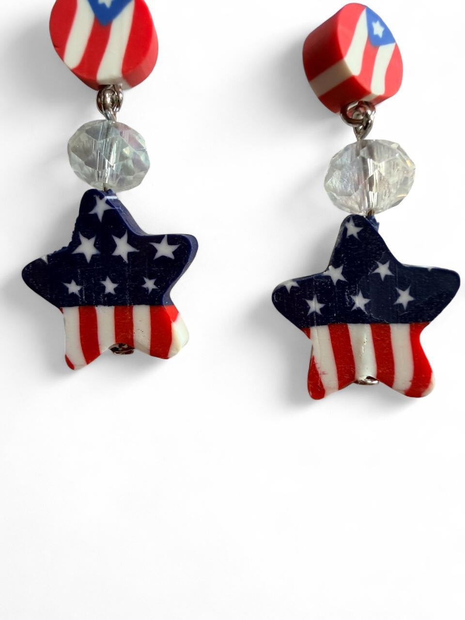 Handmade Patriotic Stacked American Flag Earrings | Tiered Red White & Blue Crystal Drops