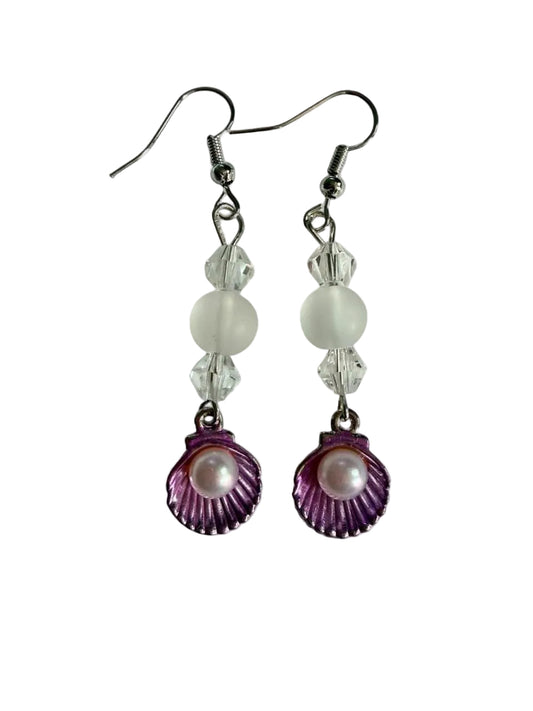 Handcrafted Purple Seashell & Pearl Style Dangle Earrings