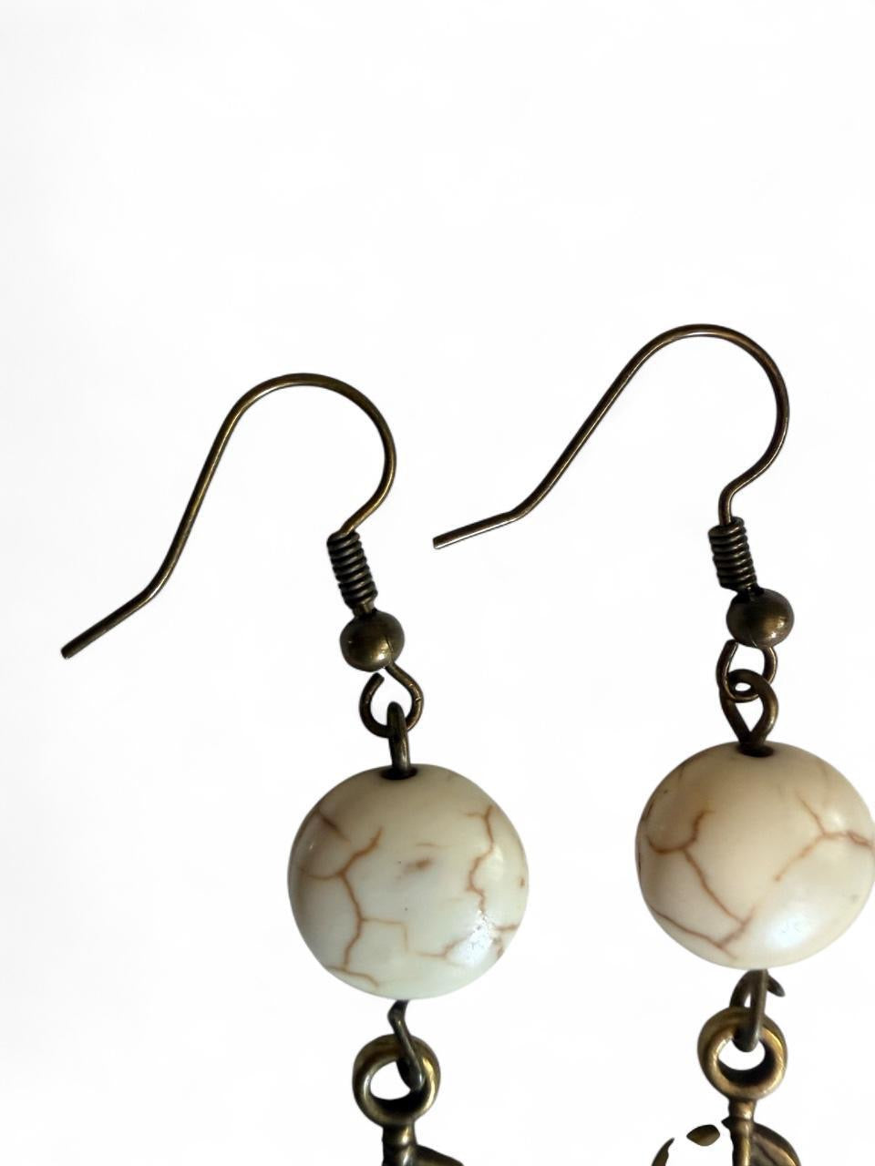 Harvest Souls – Howlite Vein & Bronze Feather Earrings