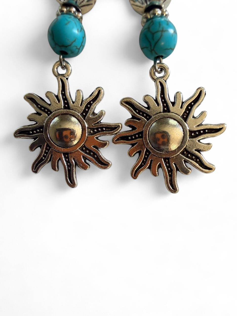 Handcrafted Antique Silver & Turquoise Beaded Celestial Sun Dangle Earrings