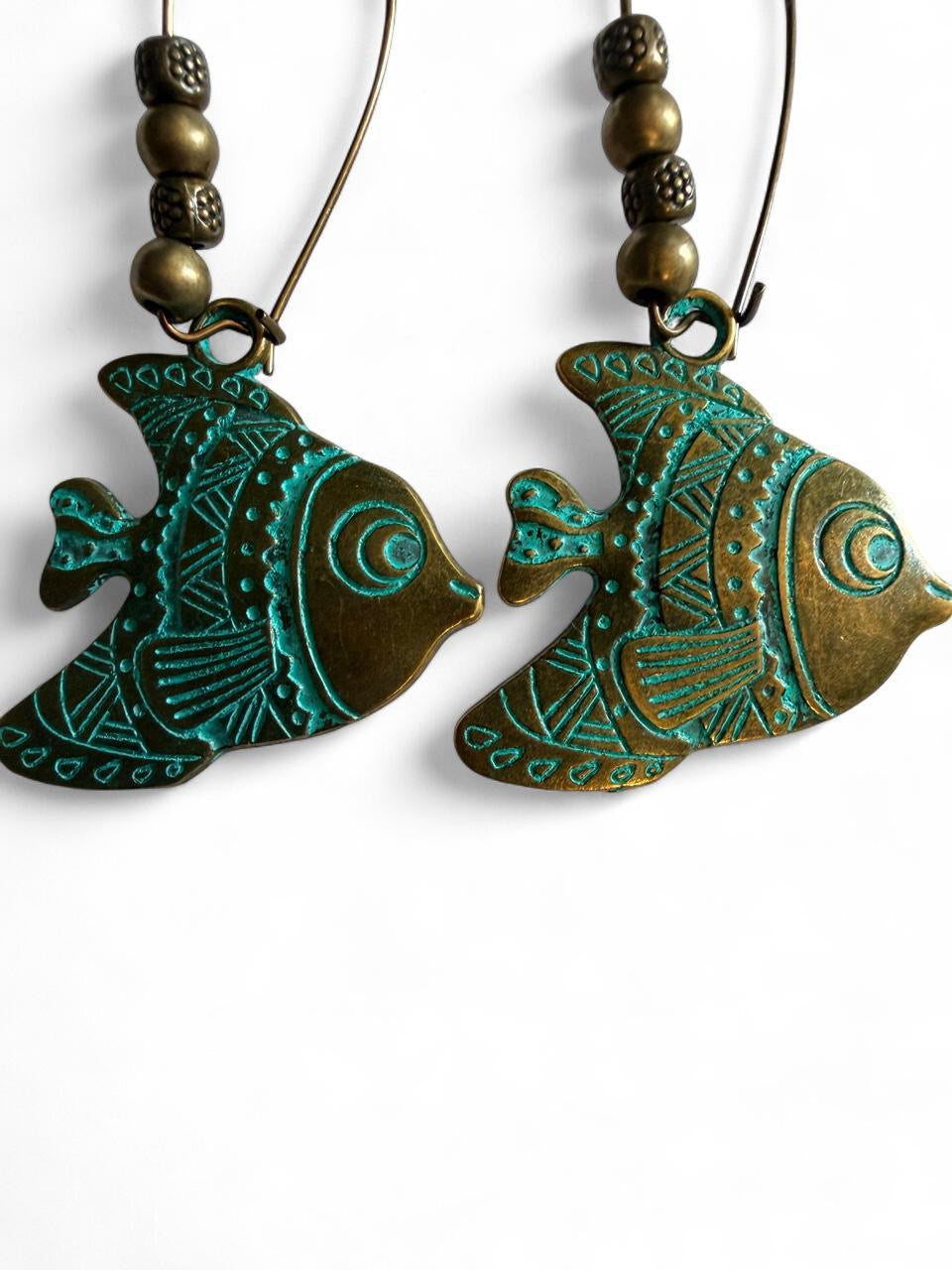 Handcrafted Verdigris Patina Tribal Fish Hoop Dangle Earrings