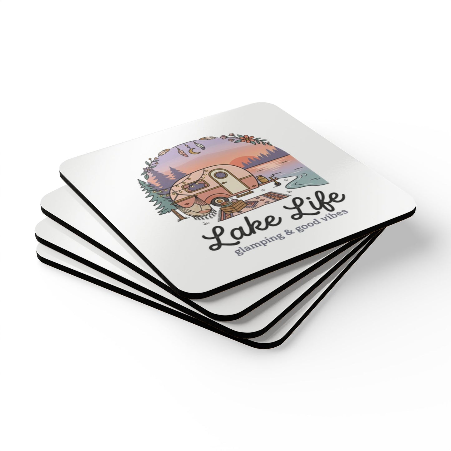 Lake Life Cork Coaster Set – 'Lake Life: glamping & good vibes' Camper Coasters