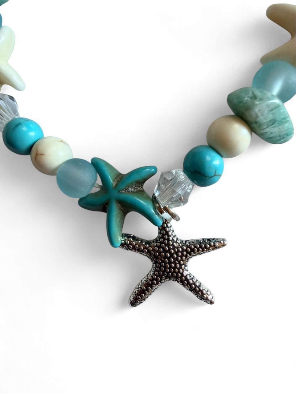 Handcrafted Turquoise & Sea Glass Style Starfish Charm Coastal Anklet