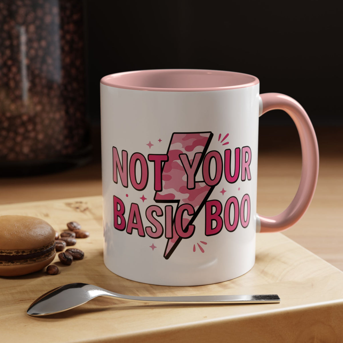 Not Your Basic Boo Coffee Mug — Cute Pink Ghost Accent Mug (11/15oz)