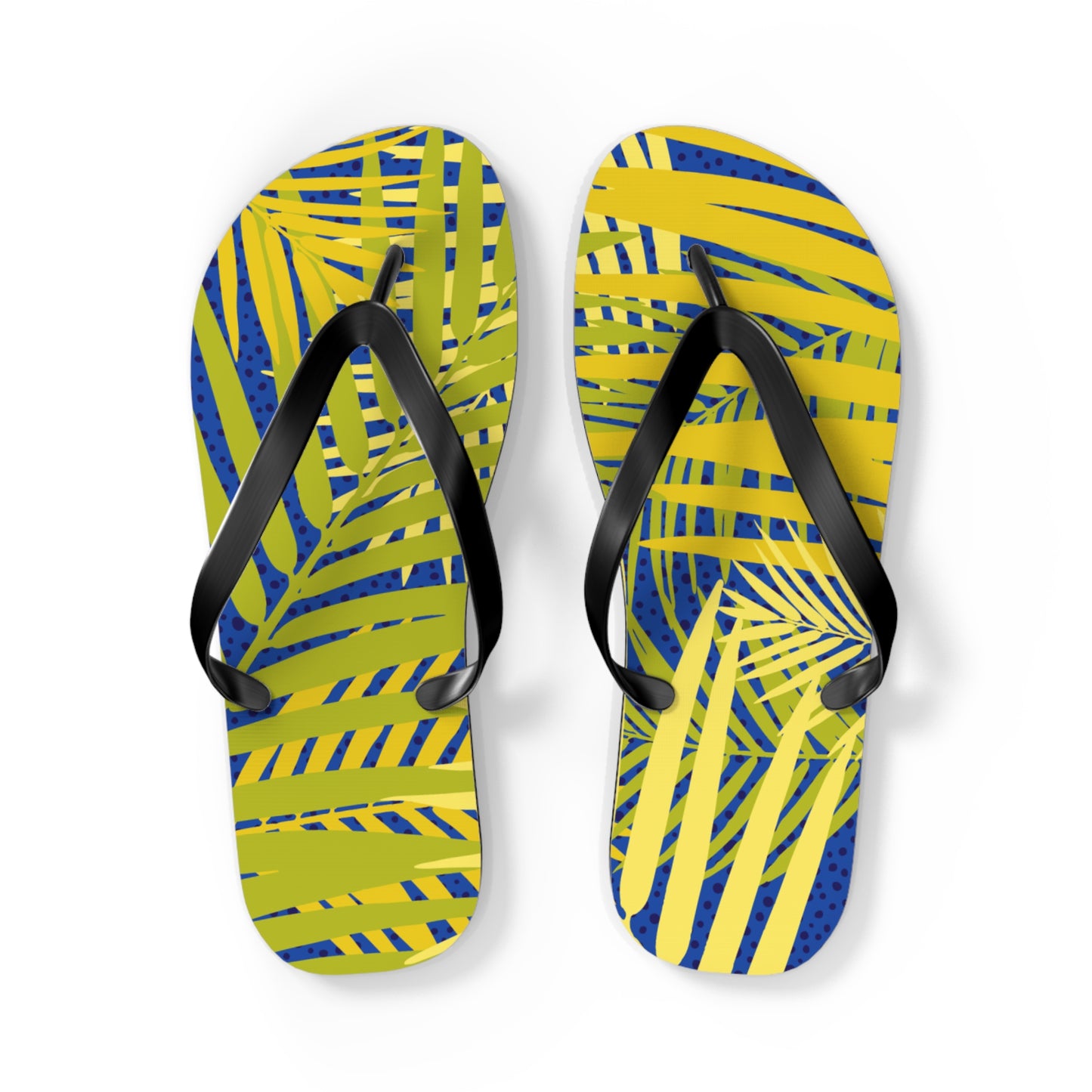 Tropical Palm Print Flip Flops — Yellow & Blue Beach Sandals