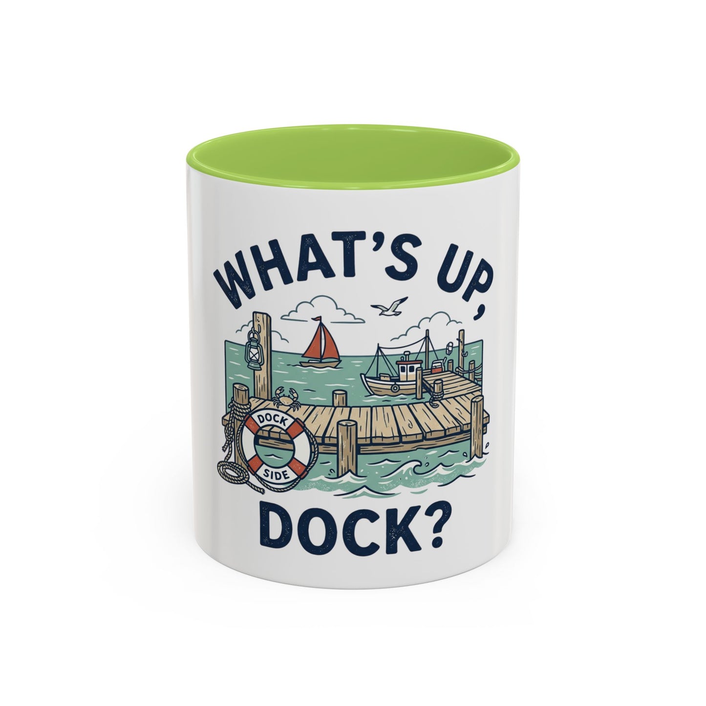"What's Up, Dock?" Nautical Coffee Mug — Harbor Pier Boat Illustration (11/15 oz)