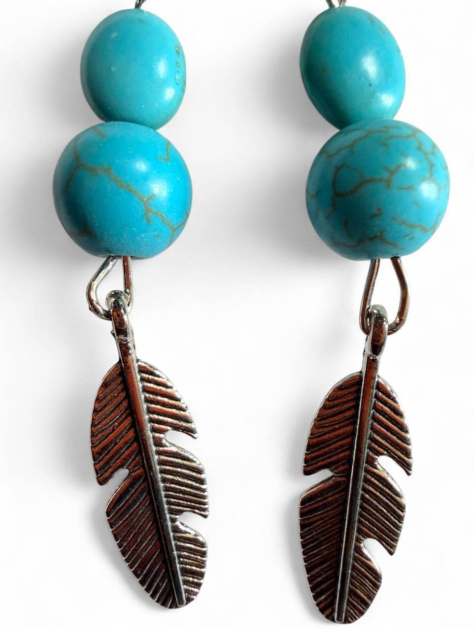 Handmade Turquoise & Silver Feather Dangle Earrings