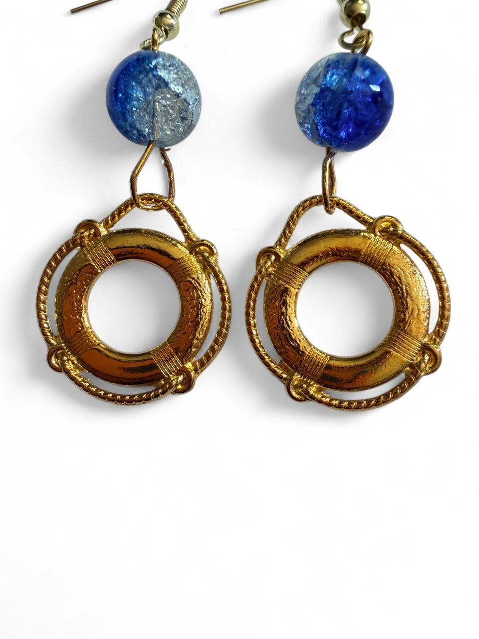 End of Summer Americana Gold Life Ring Earrings - Blue Crackle Nautical Dangle